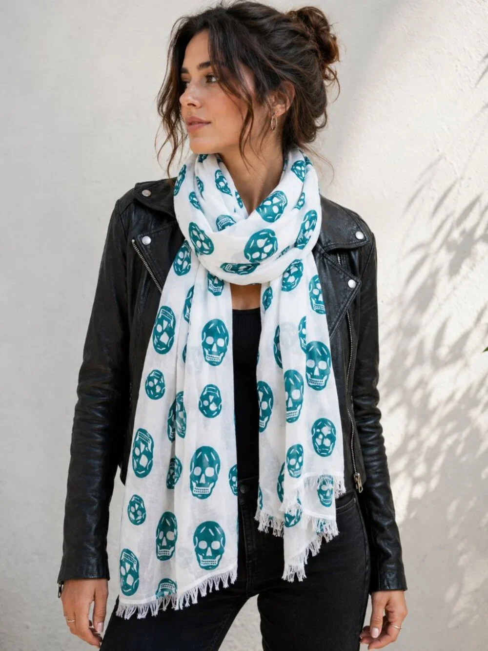 Ozsoy Aksesuar Skull Scarf Teal White Fringe Wrap Gothic Rocker Y2K Lightweight